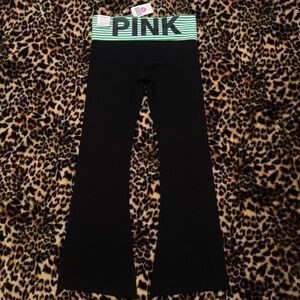 PINK Victoria's Secret Black and Green striped fold over Leggings